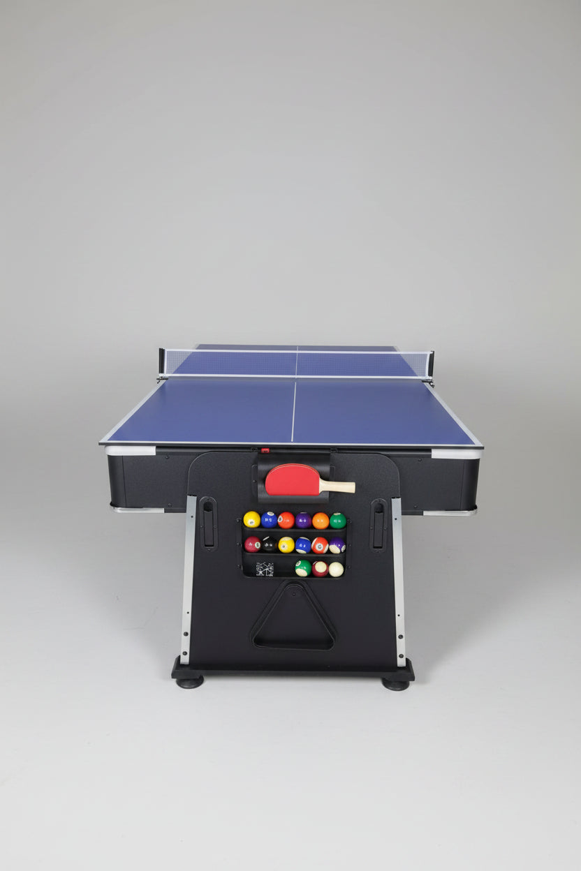 Table tennis table with a pool ball cabinet in an indoor setting