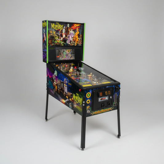 Pinball machine themed after 'The Munsters' in an indoor setting with arcade games.